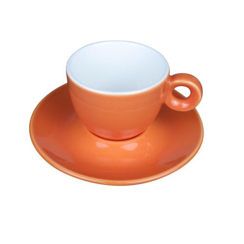 Oranje koffiekop en schotel Bola met bedrukoptie